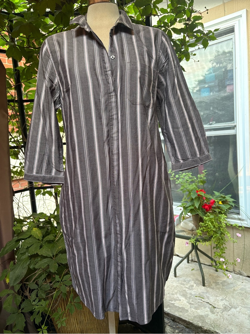 Denver Hayes Striped Midi Shirt Dress in Charcoal and White